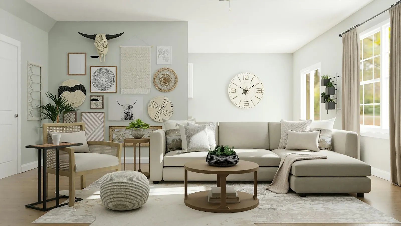 Living room with a blush gallery wall, warm wood flooring and layered fireside seating